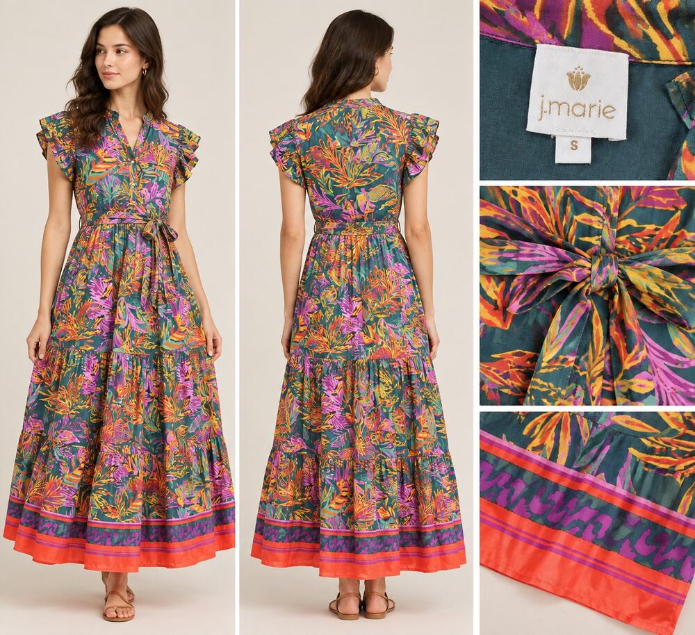 J Marie Maxi Dress Women S Tropical Floral Tiered Flutter Sleeve Belted Boho